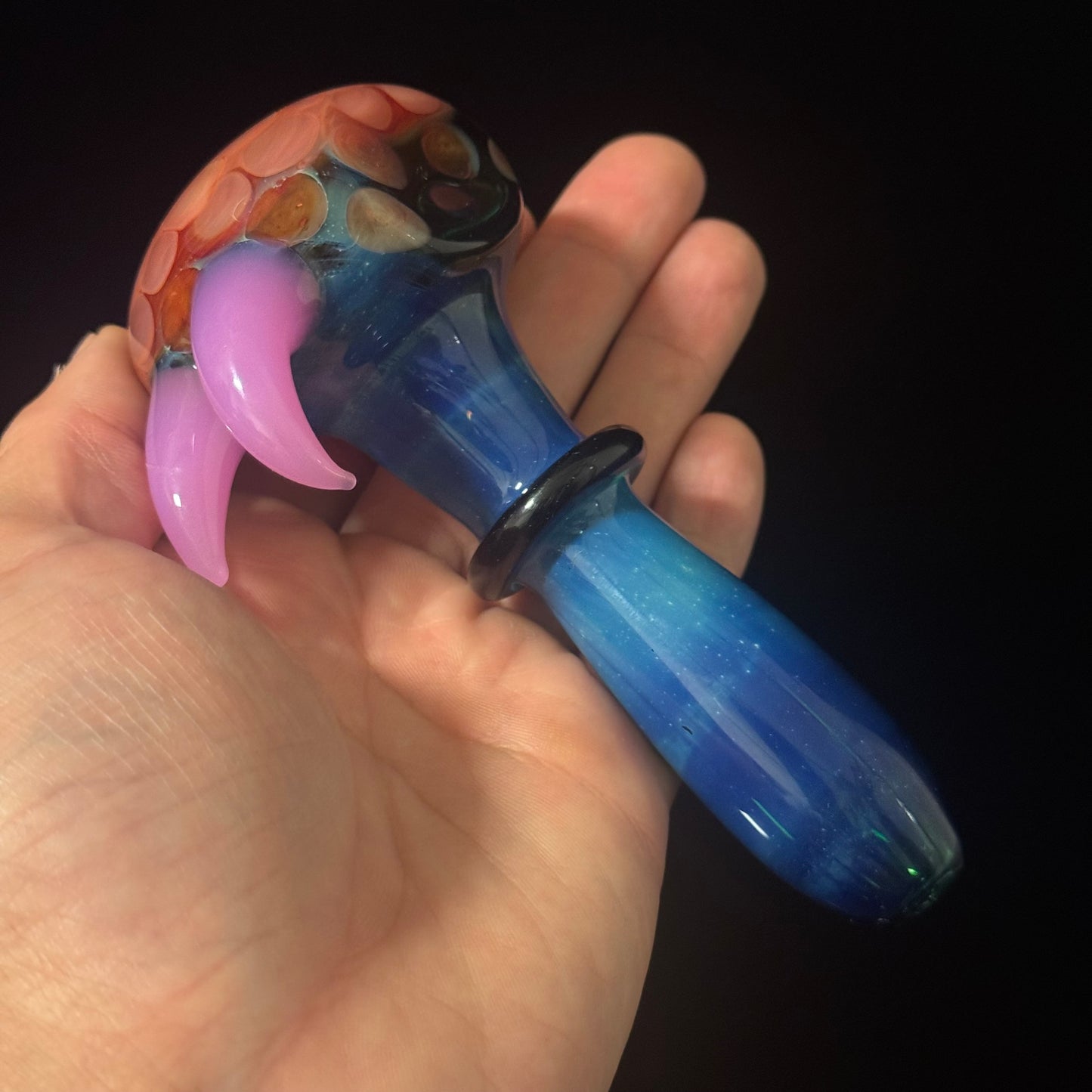 Heavy Inside Cobalt Silver Fumed Glass Heady Pipe With Pink Horns Hand Blown