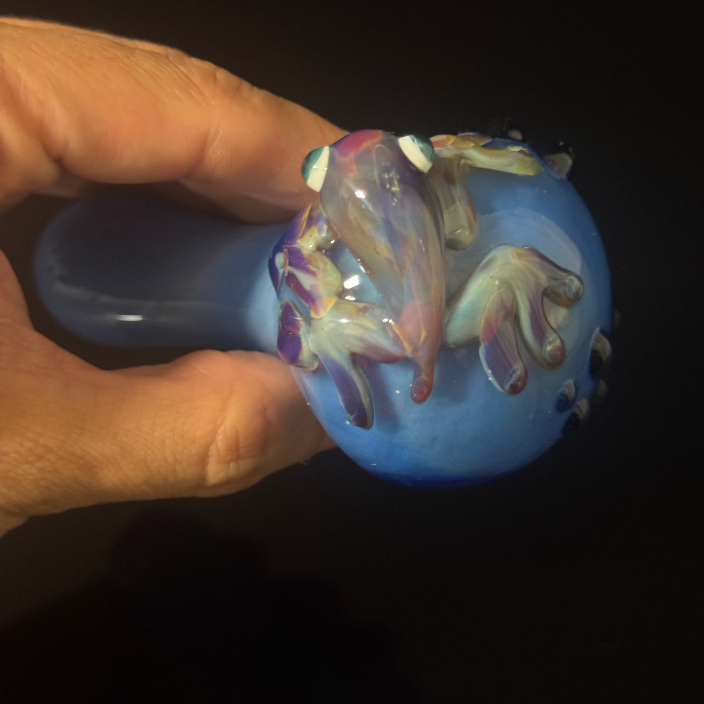 Frog Sculpture on a Multicolor wrapped Glass Pipe, Heady Hand Blown