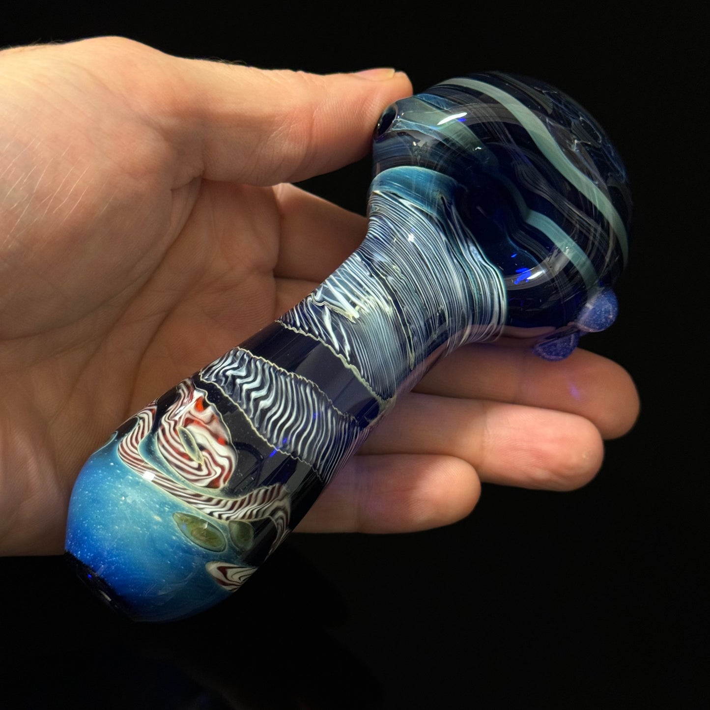 Cobalt Blue Latticino Linework Wrapped Color Glass Heady Pipe Hand Blown