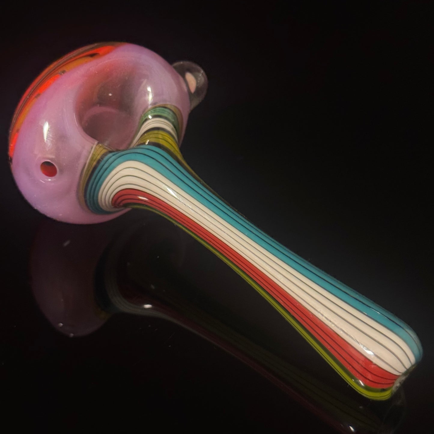 Full Linework Switchback Glass Pipe, Pink Slyme, Heady Hand Blown with An Opal