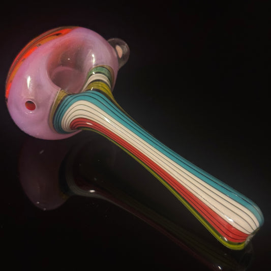 Full Linework Switchback Glass Pipe, Pink Slyme, Heady Hand Blown with An Opal