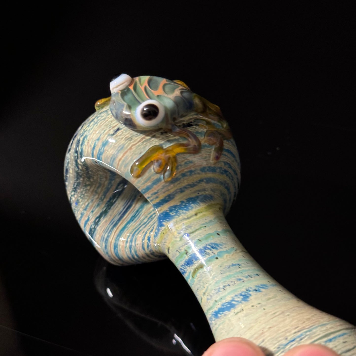 Frog Sculpture on a Multicolor wrapped Glass Pipe, Heady Hand Blown