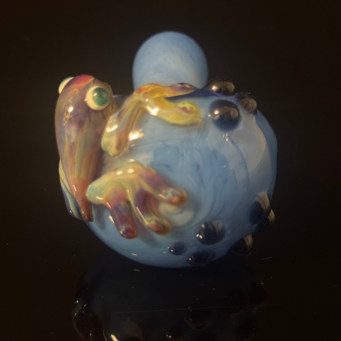 Frog Sculpture on a Multicolor wrapped Glass Pipe, Heady Hand Blown