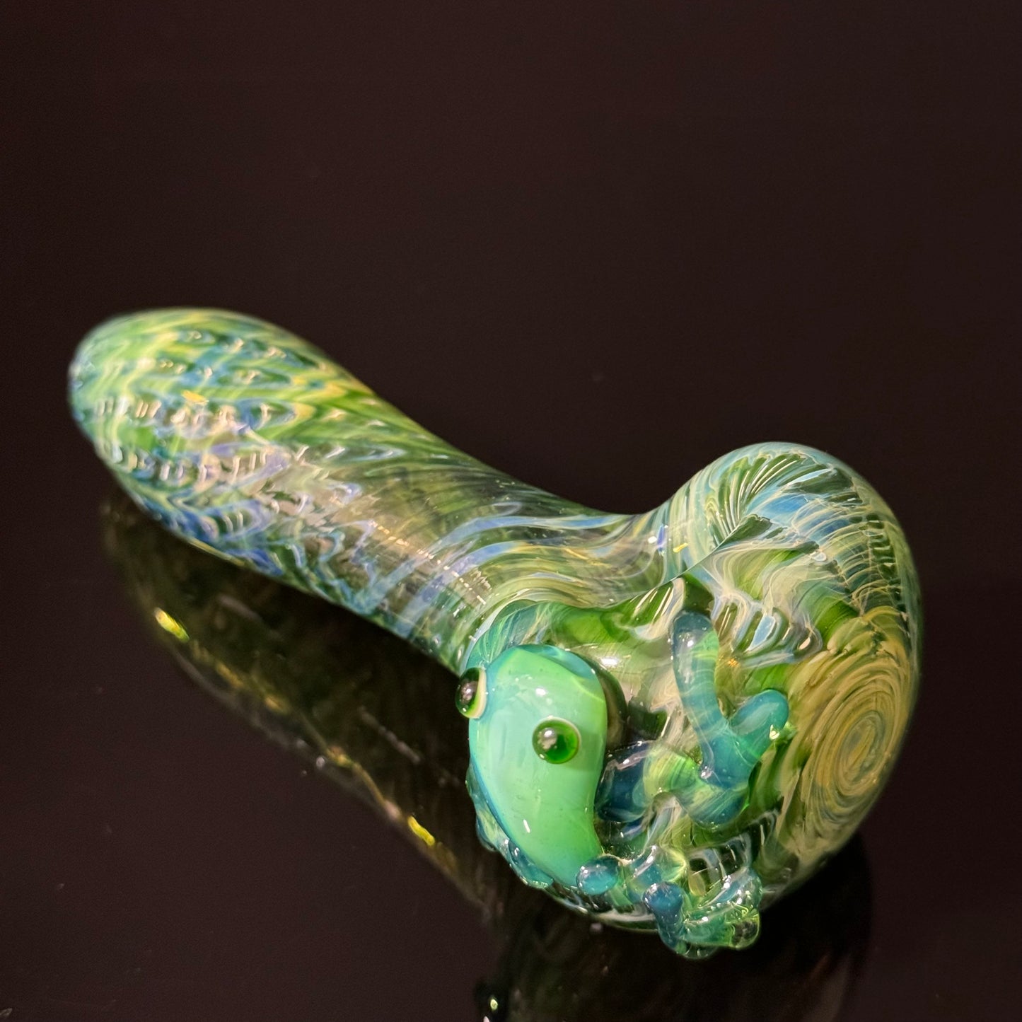 Frog Sculpture on Solid Green glass with multi color wrap Pipe Glass Pipe, Heady Hand Blown