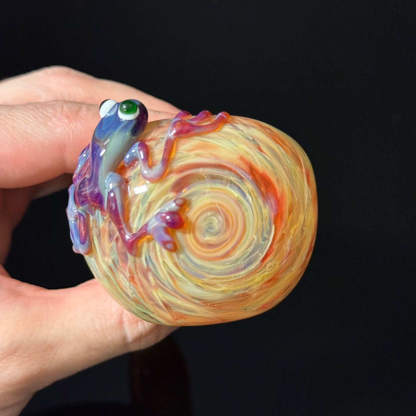 Frog Sculpture on a Multicolor wrapoed glass with multi color wrap Pipe Glass Pipe, Heady Hand Blown