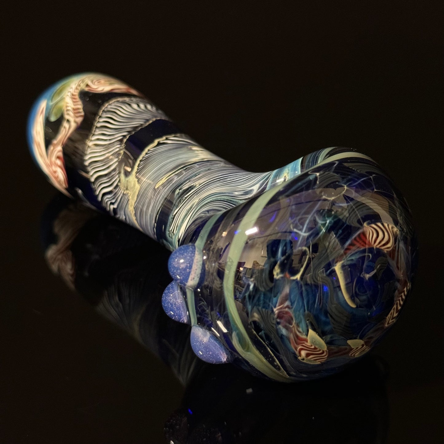 Cobalt Blue Latticino Linework Wrapped Color Glass Heady Pipe Hand Blown