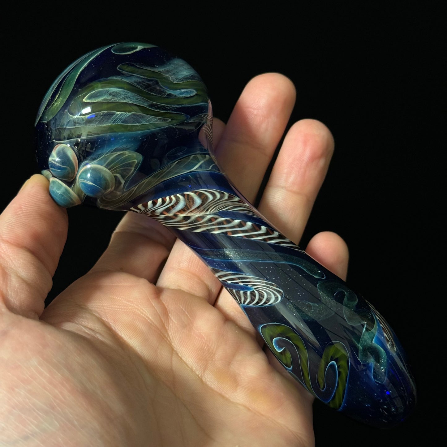 Cobalt Blue Latticino Linework Wrapped Color Glass Heady Pipe Hand Blown