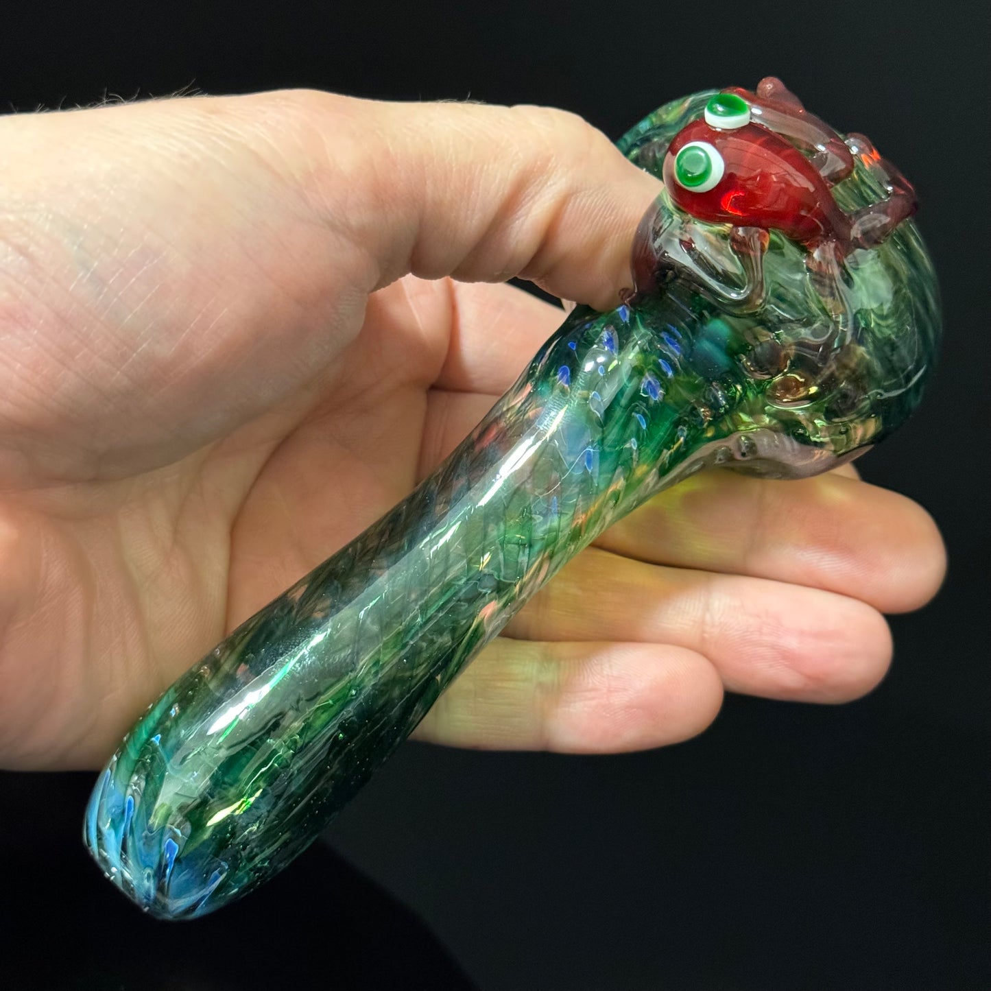 Frog Sculpture on Solid Green glass with multi color wrap Pipe, Heady Hand Blown