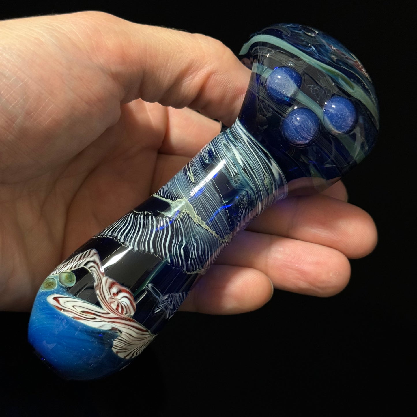 Cobalt Blue Latticino Linework Wrapped Color Glass Heady Pipe Hand Blown