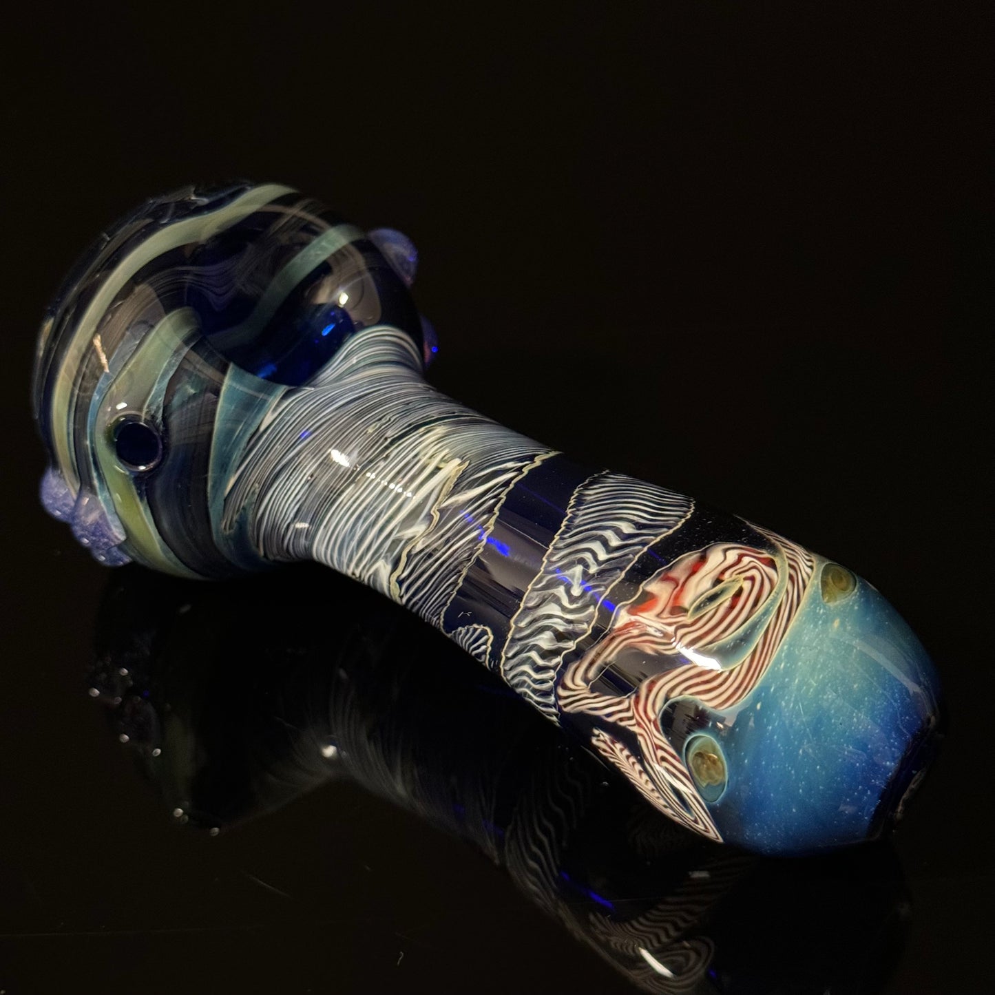 Cobalt Blue Latticino Linework Wrapped Color Glass Heady Pipe Hand Blown