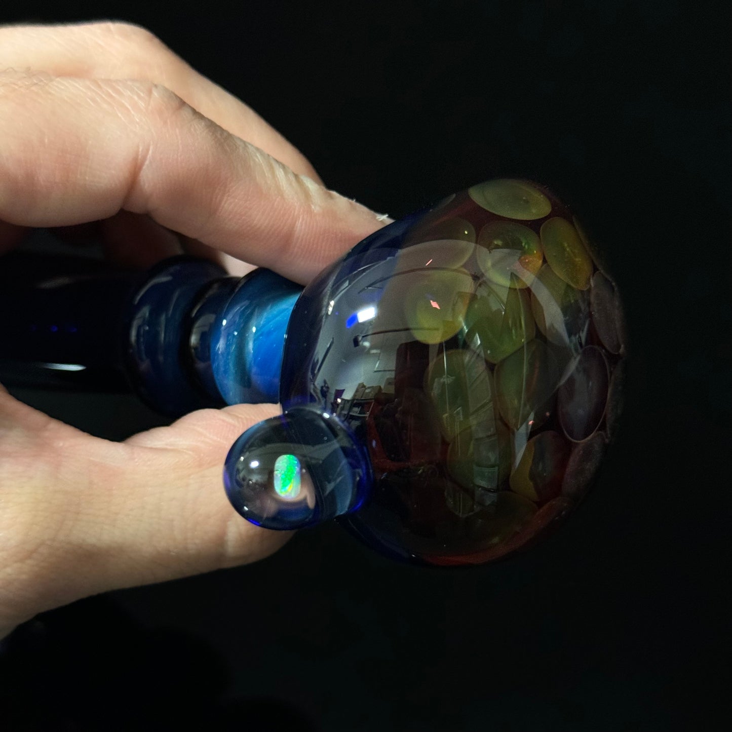 Blue Amber Honeycomb with a Gilson Opal on the side Glass Pipe