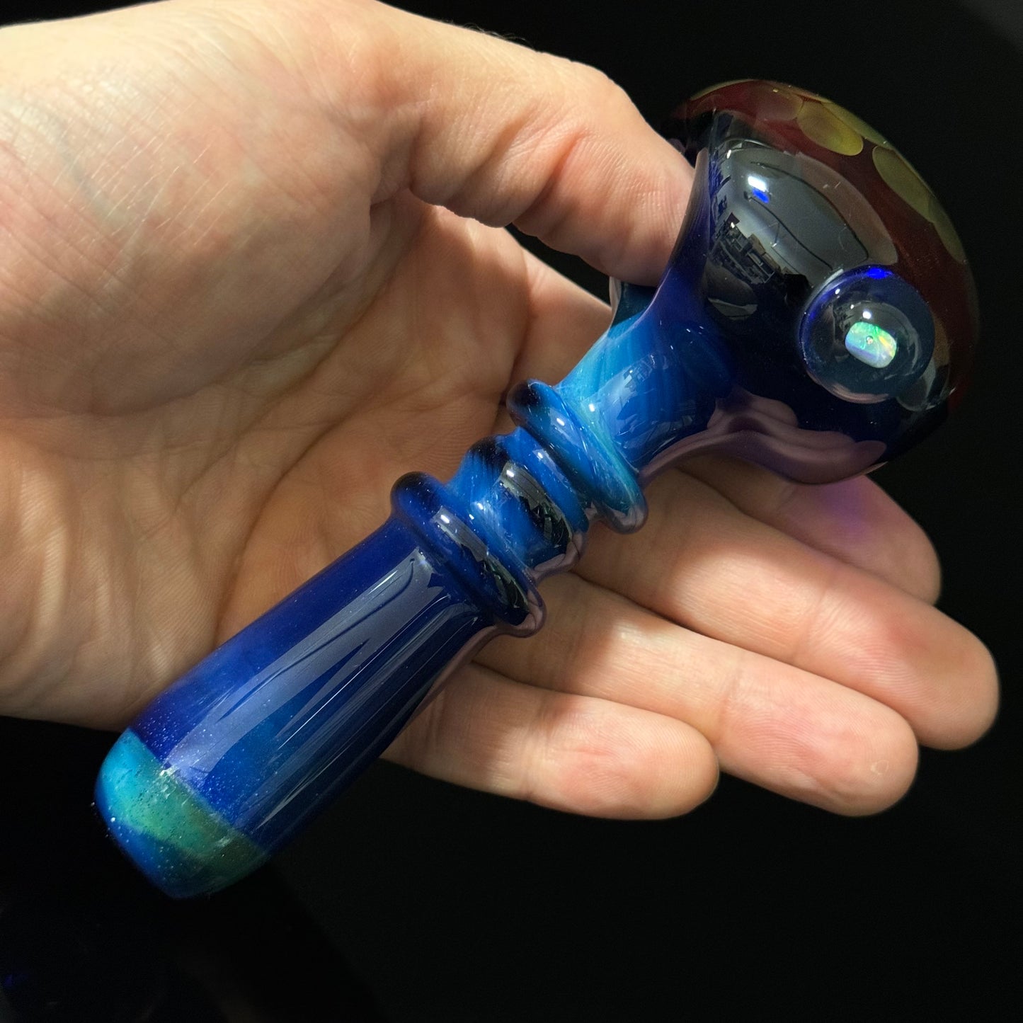 Blue Amber Honeycomb with a Gilson Opal on the side Glass Pipe