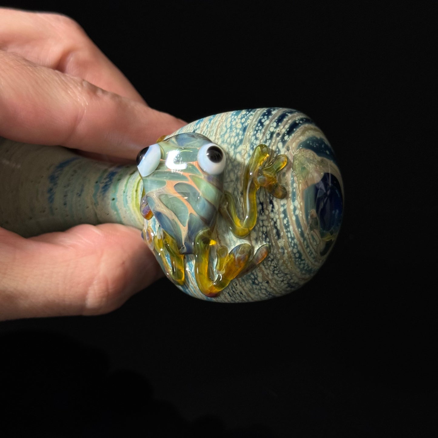 Frog Sculpture on a Multicolor wrapped Glass Pipe, Heady Hand Blown