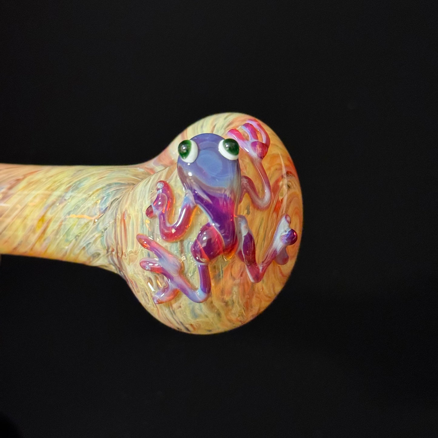 Frog Sculpture on a Multicolor wrapoed glass with multi color wrap Pipe Glass Pipe, Heady Hand Blown