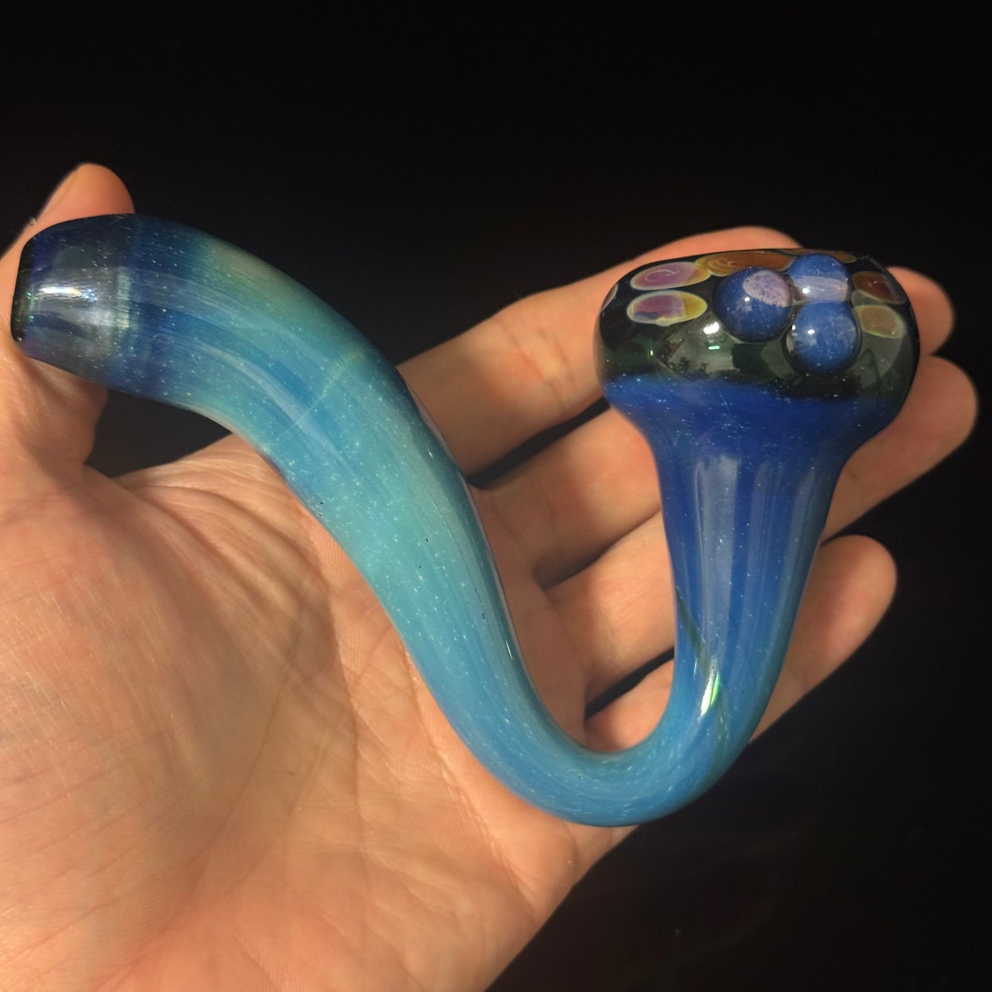 Galaxy Space Silver Fumed Green & Blue Glass Sherlock Pipe, Heady Hand Blown