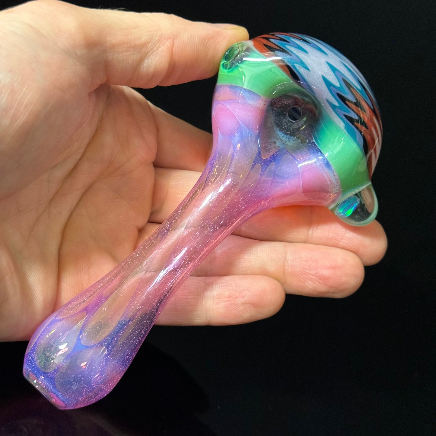 Full pink Slyme & Slyme Color Linework Glass Pipe, Heady Hand Blown with An Opal