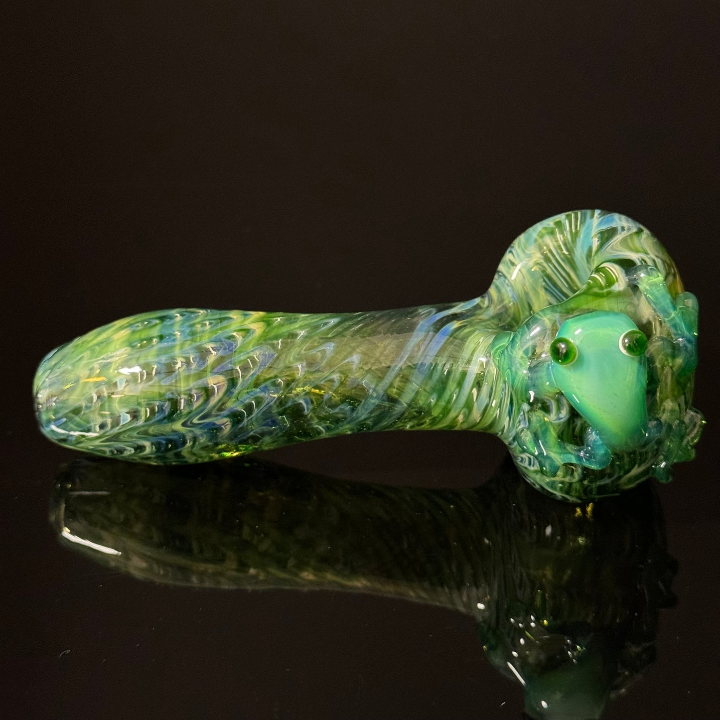 Frog Sculpture on Solid Green glass with multi color wrap Pipe Glass Pipe, Heady Hand Blown