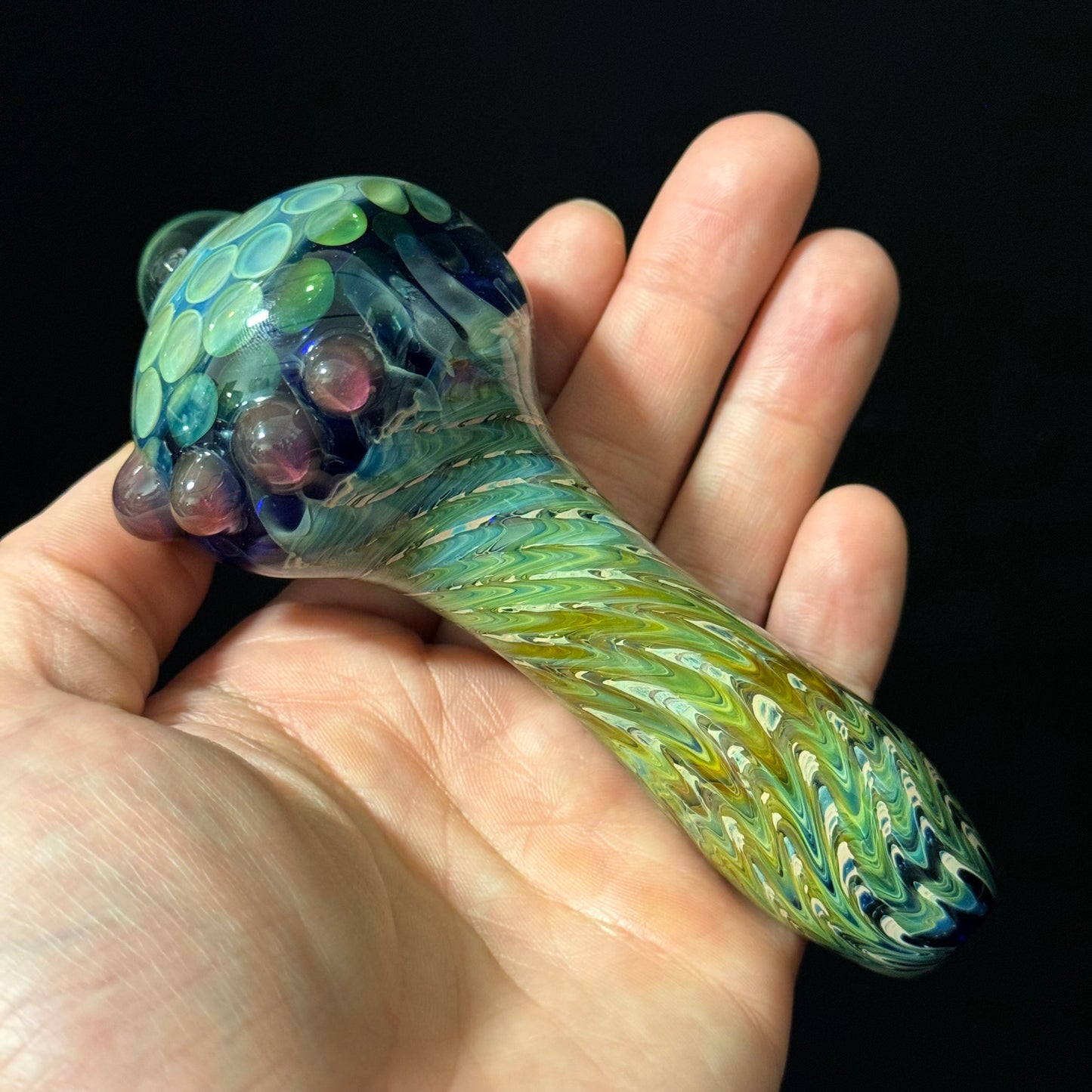 Green Wrapped Honeycomb Glass Heady Pipe Hand Blown