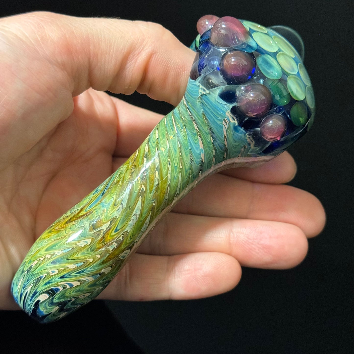 Green Wrapped Honeycomb Glass Heady Pipe Hand Blown