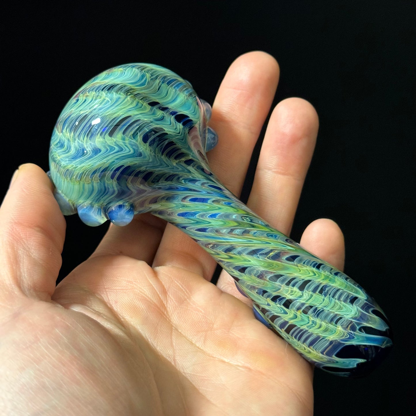 Green & Blue Wrap & Rake Color Glass Heady Pipe Hand Blown