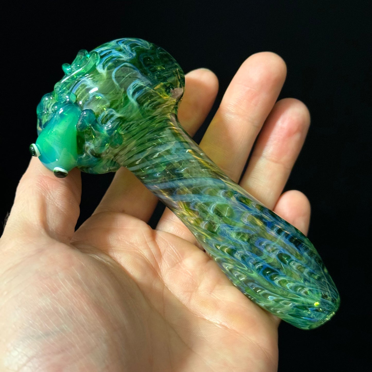 Frog Sculpture on Solid Green glass with multi color wrap Pipe Glass Pipe, Heady Hand Blown