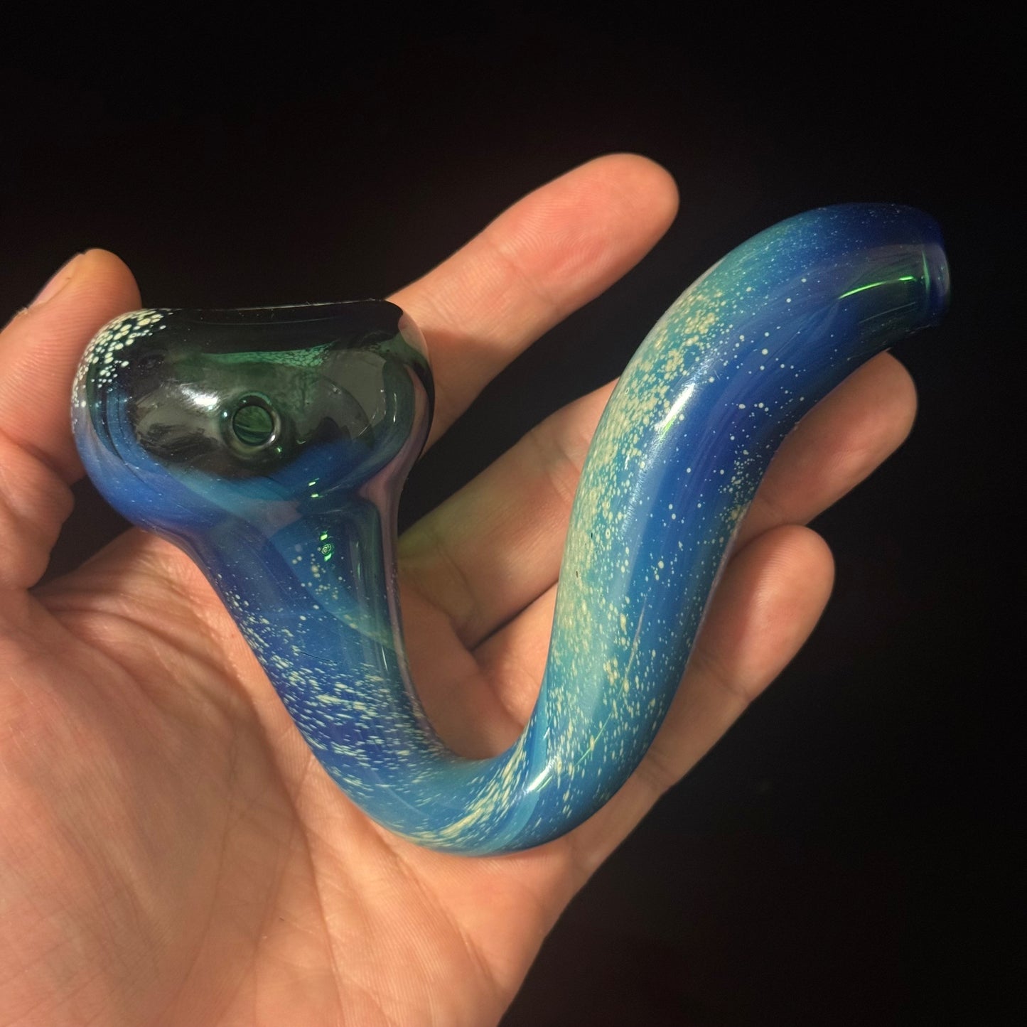 Galaxy Space Silver Fumed Green Blue Glass Sherlock Pipe, Heady Hand Blown