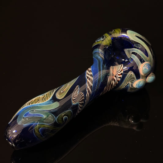 Cobalt Blue Latticino Linework Wrapped Color Glass Heady Pipe Hand Blown