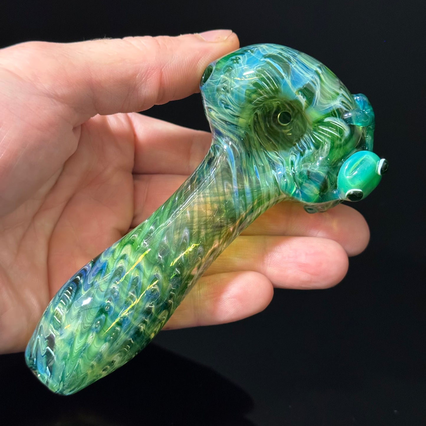 Frog Sculpture on Solid Green glass with multi color wrap Pipe Glass Pipe, Heady Hand Blown