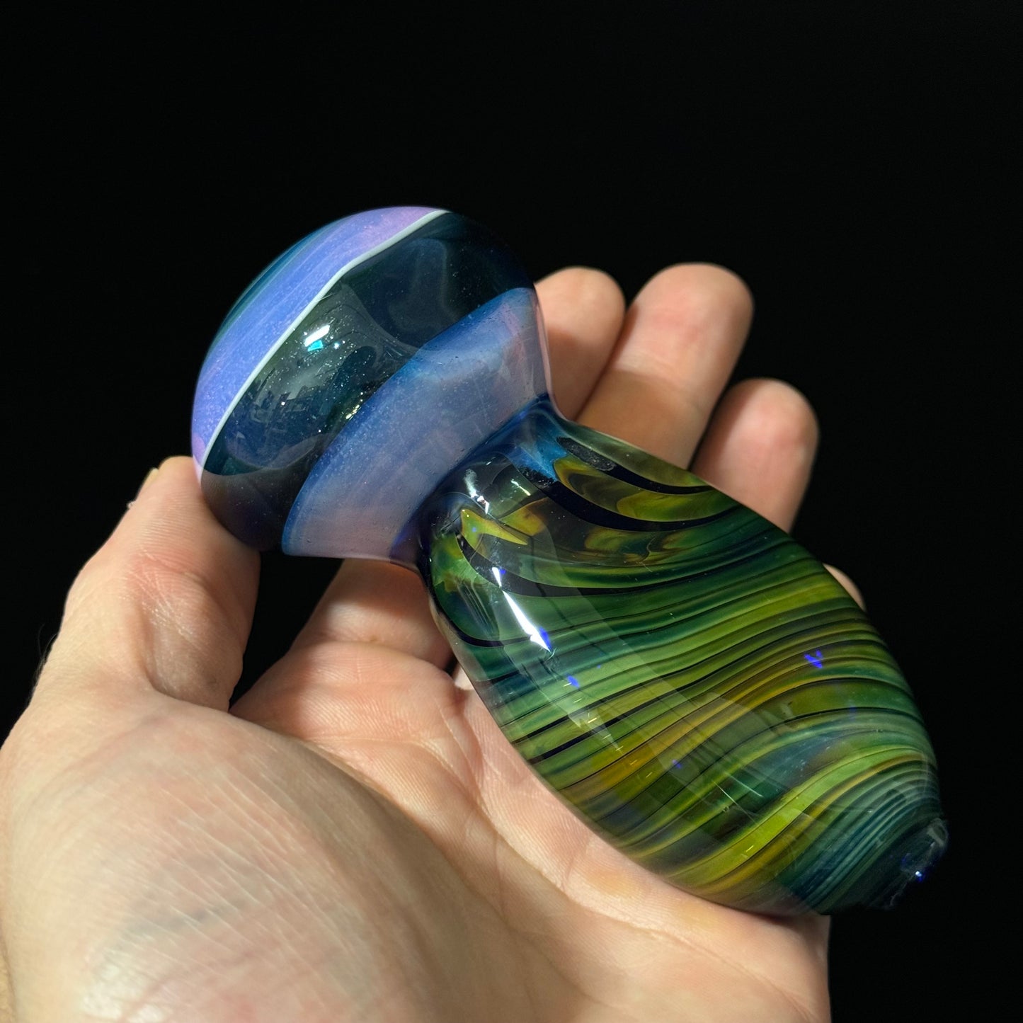 Flat Blue & Green Cobalt Wrapped Color Glass with a pink Slyme Cap, Heady Pipe