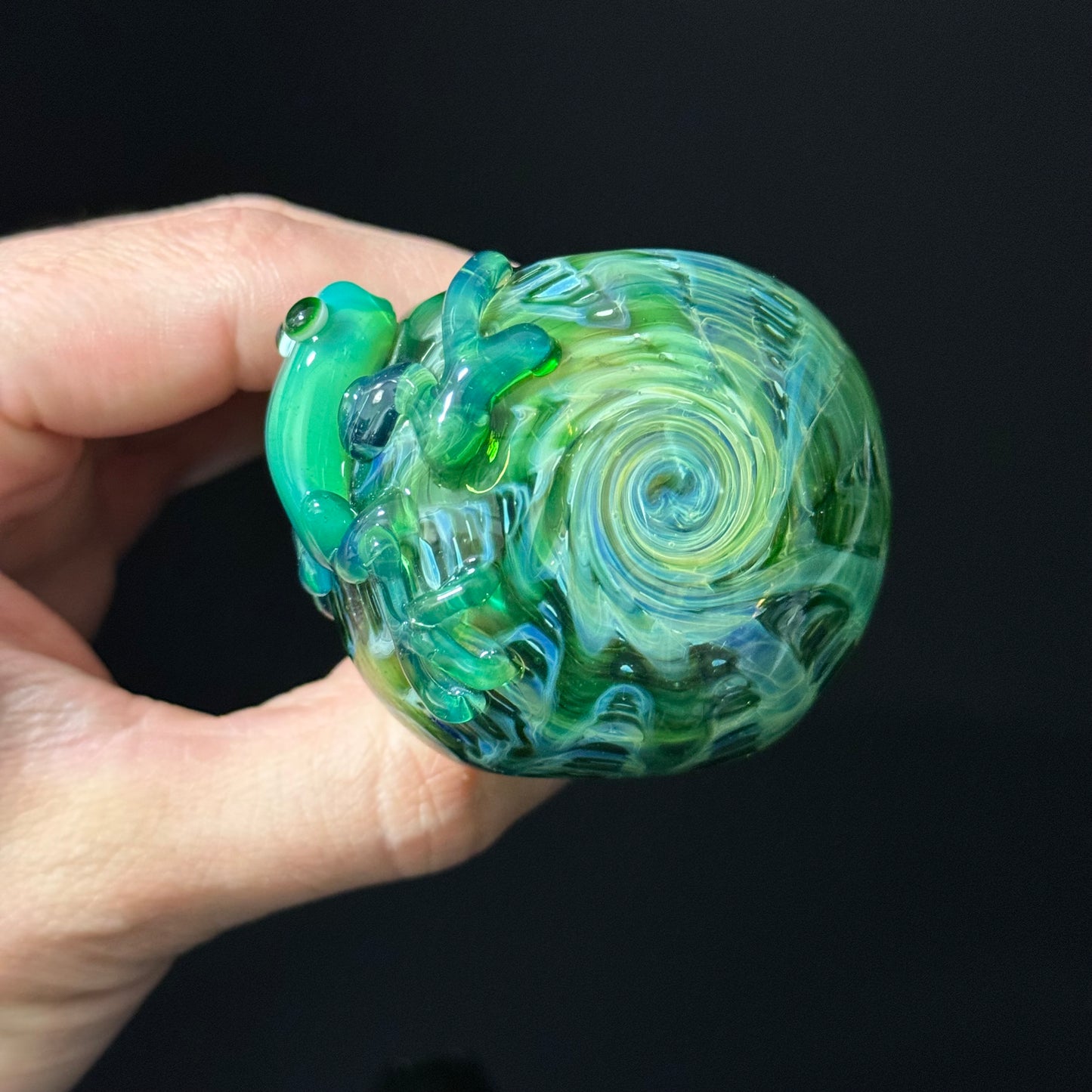 Frog Sculpture on Solid Green glass with multi color wrap Pipe Glass Pipe, Heady Hand Blown