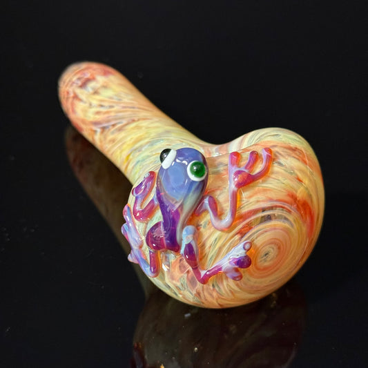 Frog Sculpture on a Multicolor wrapoed glass with multi color wrap Pipe Glass Pipe, Heady Hand Blown