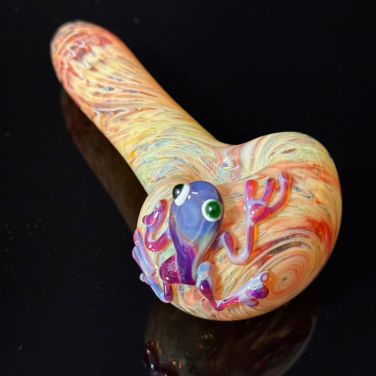 Frog Sculpture on a Multicolor wrapoed glass with multi color wrap Pipe Glass Pipe, Heady Hand Blown