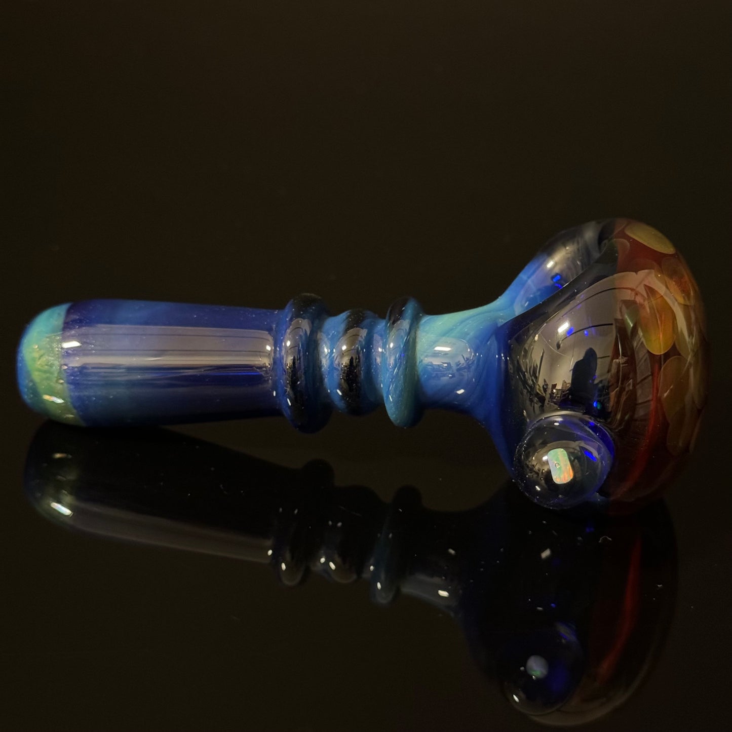 Blue Amber Honeycomb with a Gilson Opal on the side Glass Pipe