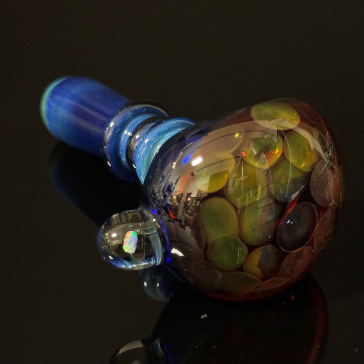 Blue Amber Honeycomb with a Gilson Opal on the side Glass Pipe