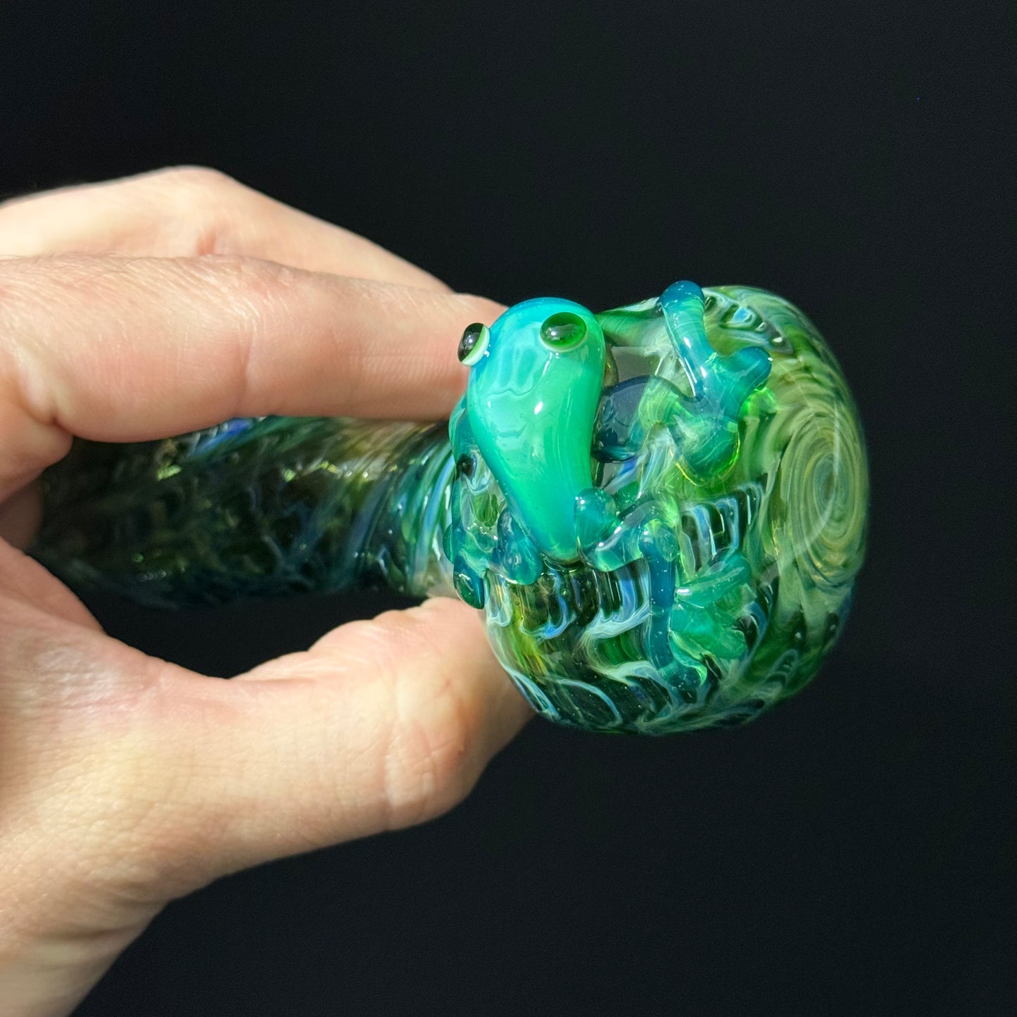 Frog Sculpture on Solid Green glass with multi color wrap Pipe Glass Pipe, Heady Hand Blown