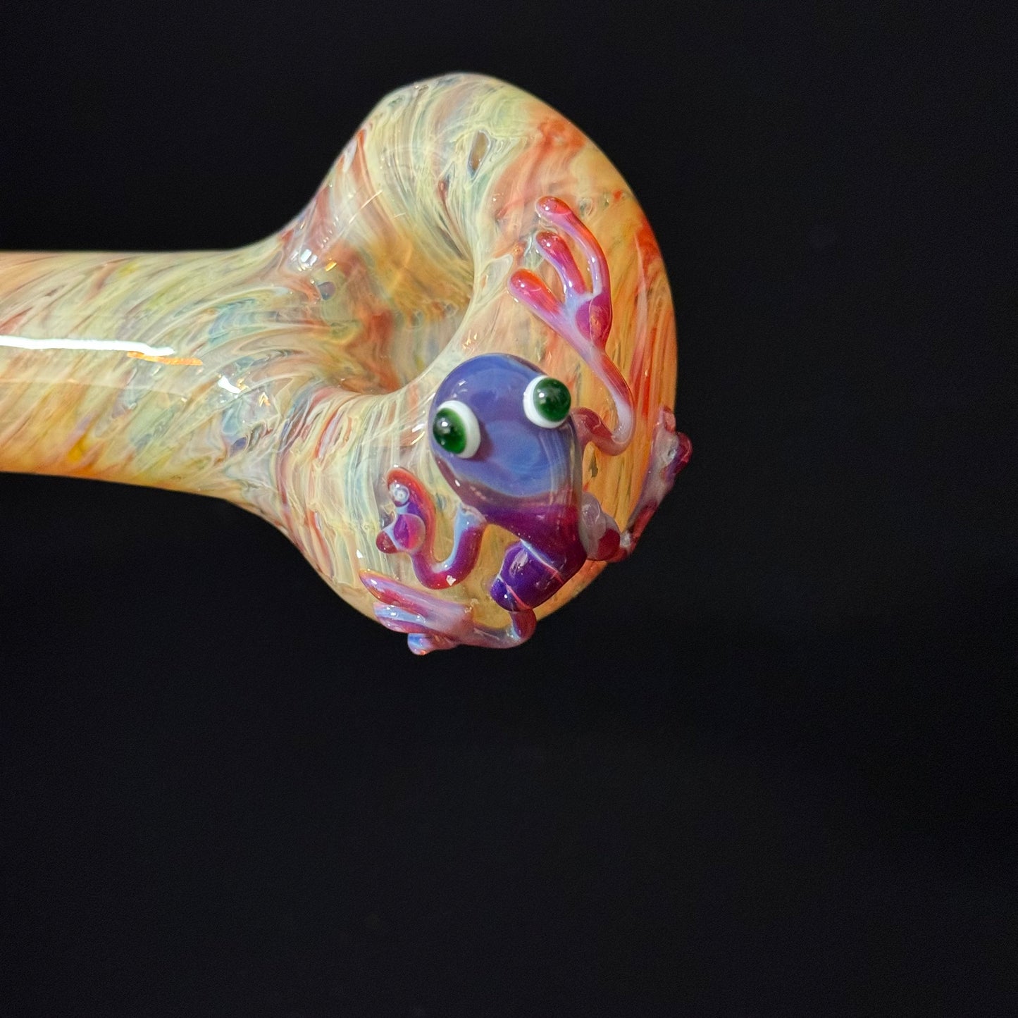 Frog Sculpture on a Multicolor wrapoed glass with multi color wrap Pipe Glass Pipe, Heady Hand Blown