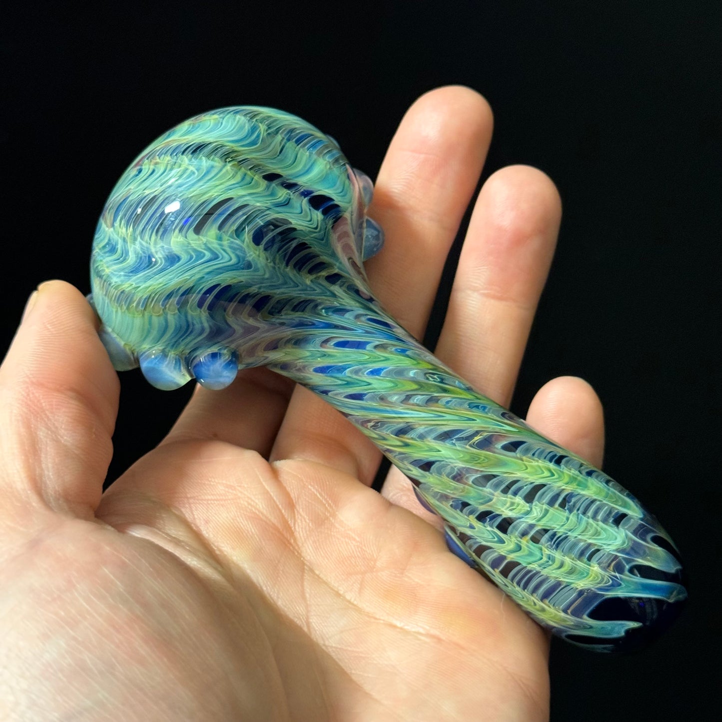 Green & Blue Wrap & Rake Color Glass Heady Pipe Hand Blown