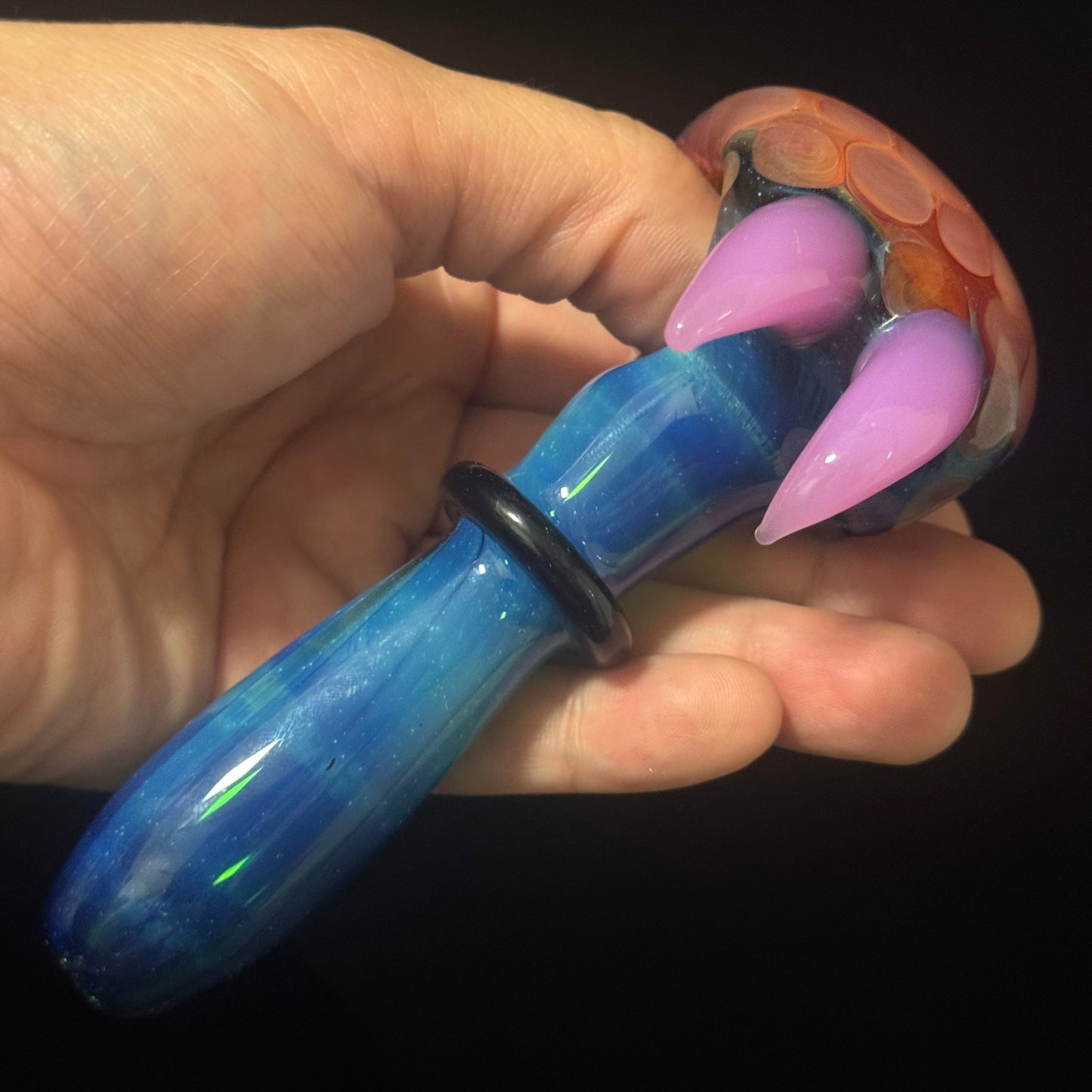 Heavy Inside Cobalt Silver Fumed Glass Heady Pipe With Pink Horns Hand Blown