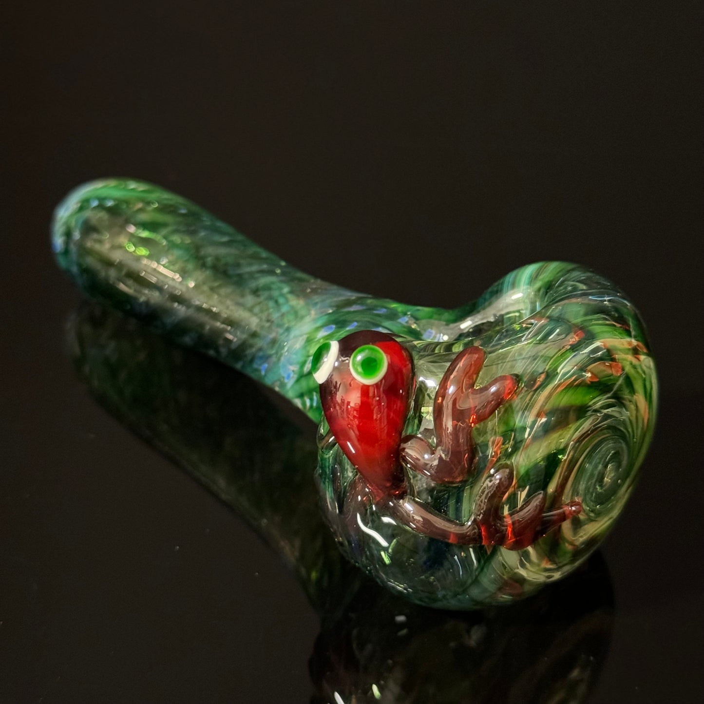 Frog Sculpture on Solid Green glass with multi color wrap Pipe, Heady Hand Blown