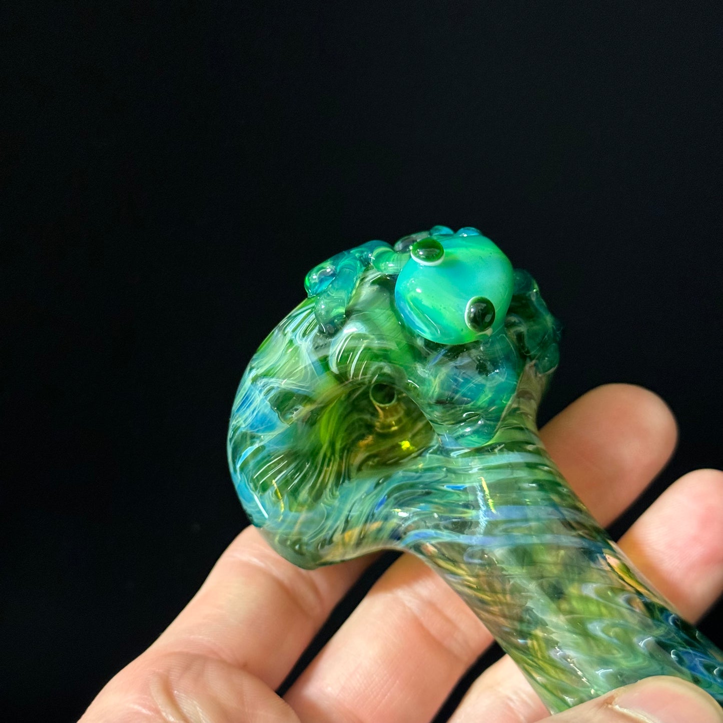 Frog Sculpture on Solid Green glass with multi color wrap Pipe Glass Pipe, Heady Hand Blown