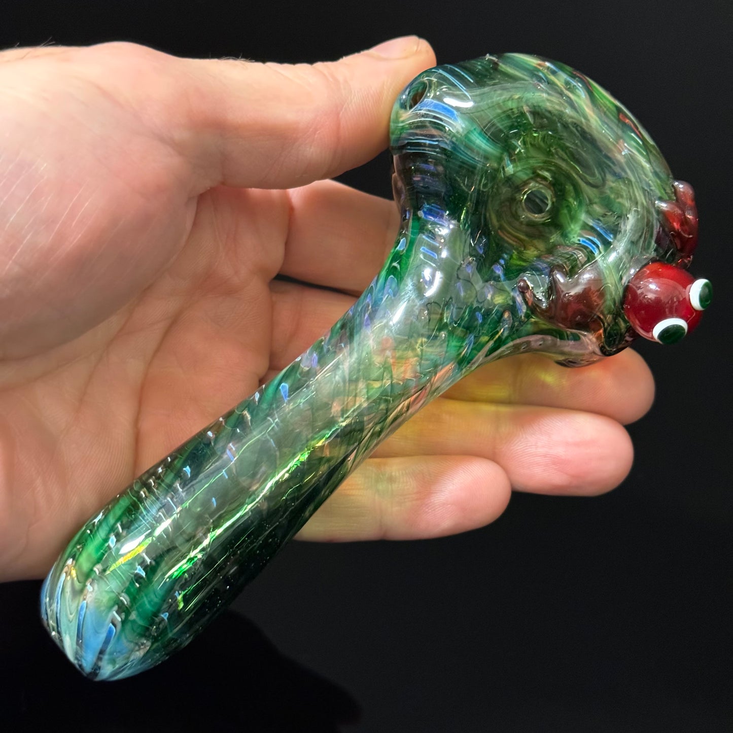 Frog Sculpture on Solid Green glass with multi color wrap Pipe, Heady Hand Blown