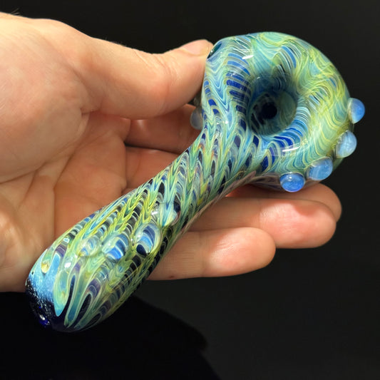 Green & Blue Wrap & Rake Color Glass Heady Pipe Hand Blown