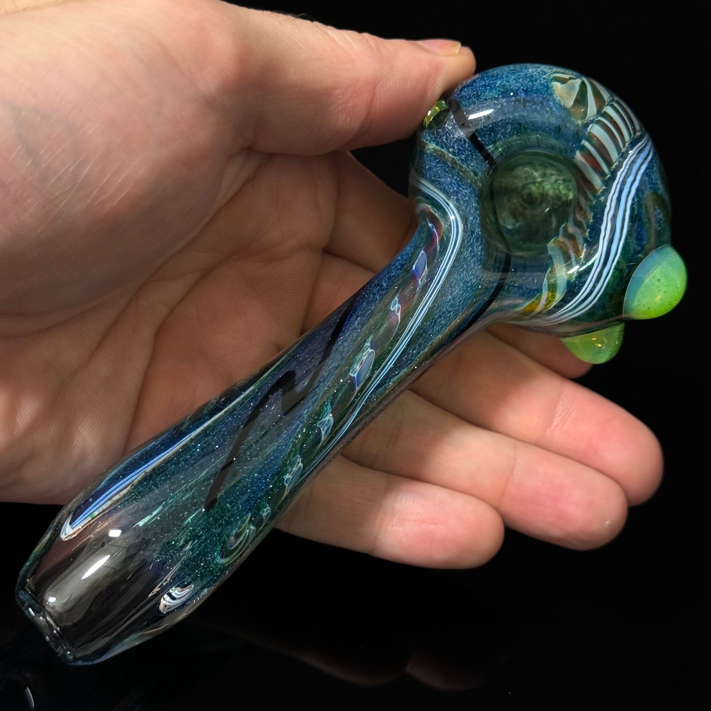 Heavy Inside out Sparkle Blue Glass Pipe with Linework throughout the Heady Pipe