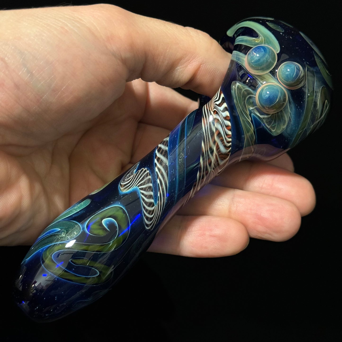 Cobalt Blue Latticino Linework Wrapped Color Glass Heady Pipe Hand Blown