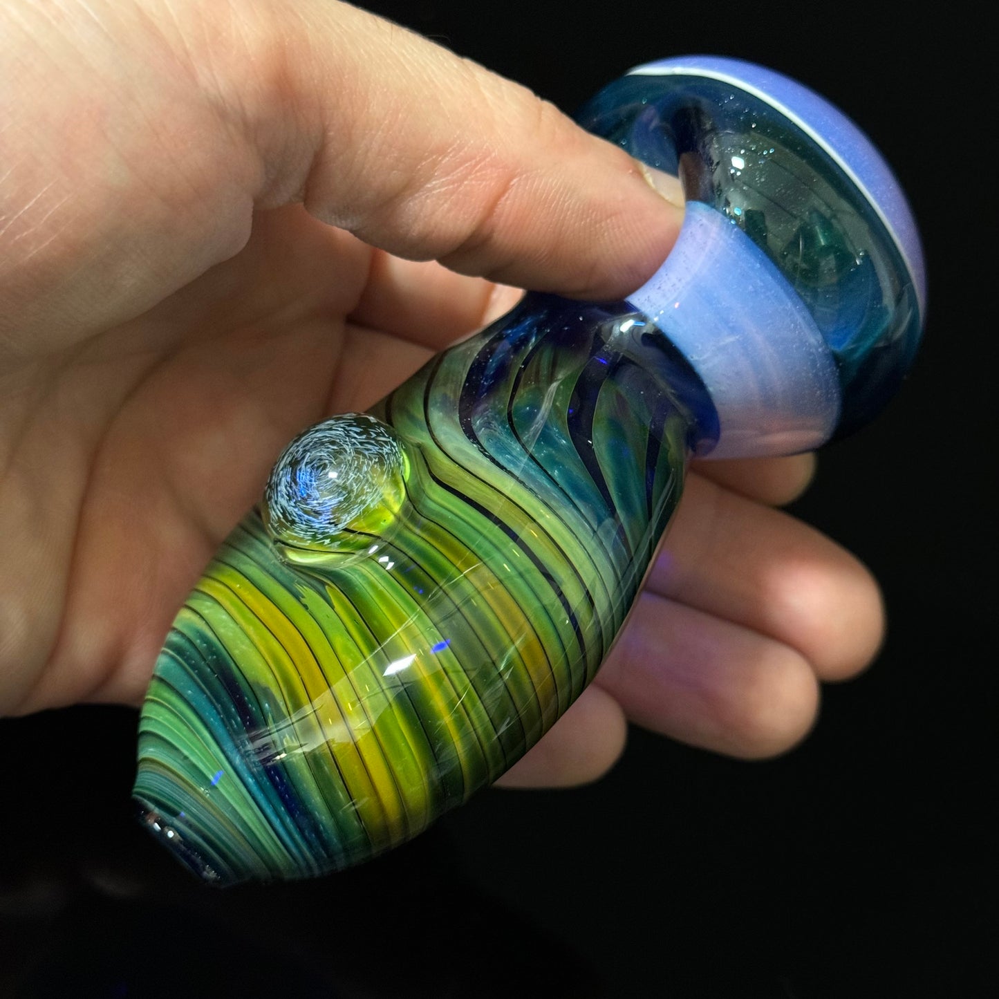 Flat Blue & Green Cobalt Wrapped Color Glass with a pink Slyme Cap, Heady Pipe