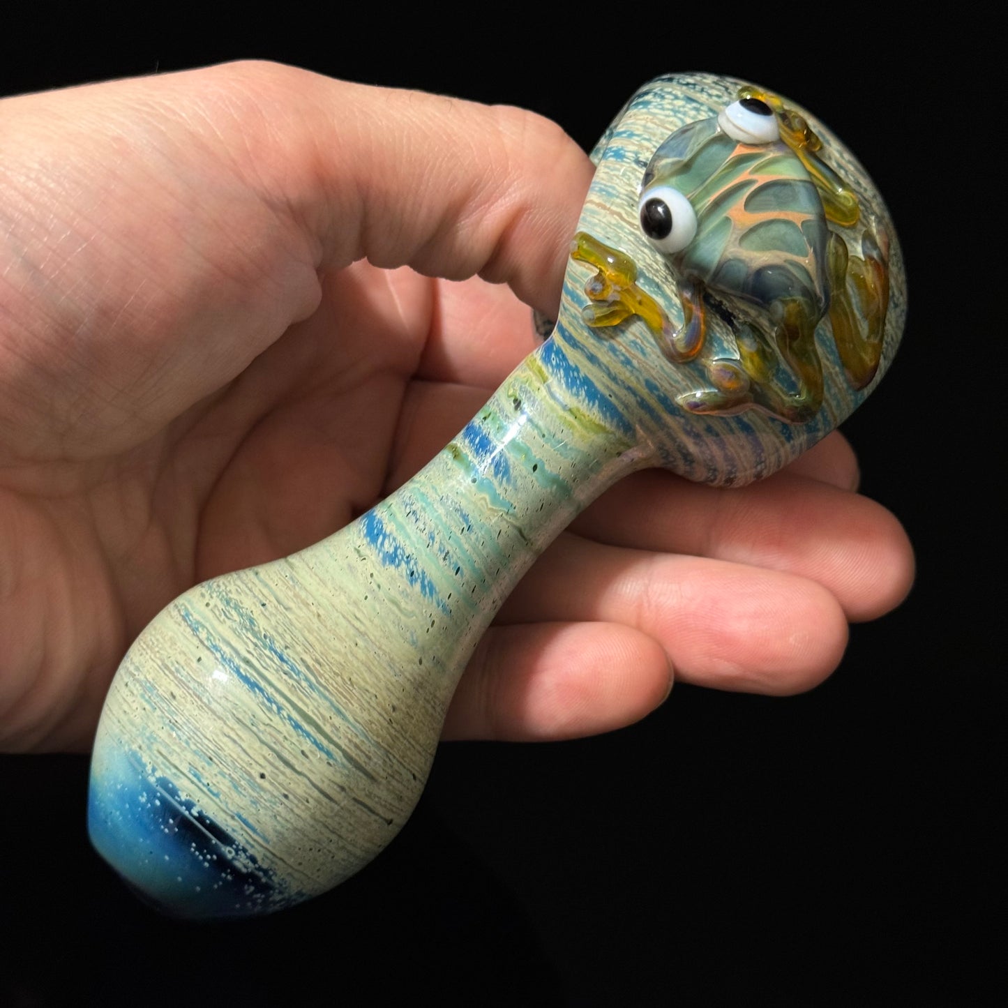 Frog Sculpture on a Multicolor wrapped Glass Pipe, Heady Hand Blown