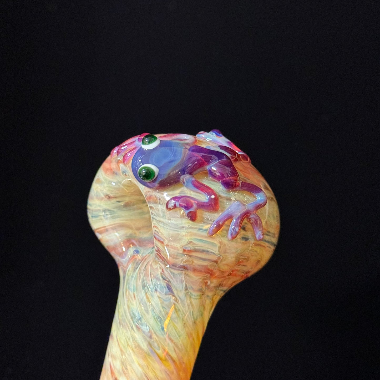 Frog Sculpture on a Multicolor wrapoed glass with multi color wrap Pipe Glass Pipe, Heady Hand Blown