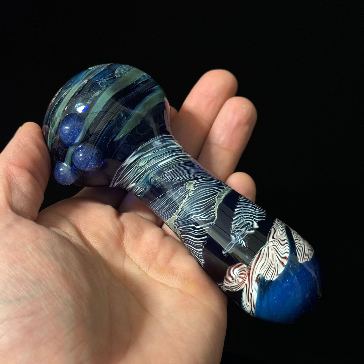 Cobalt Blue Latticino Linework Wrapped Color Glass Heady Pipe Hand Blown