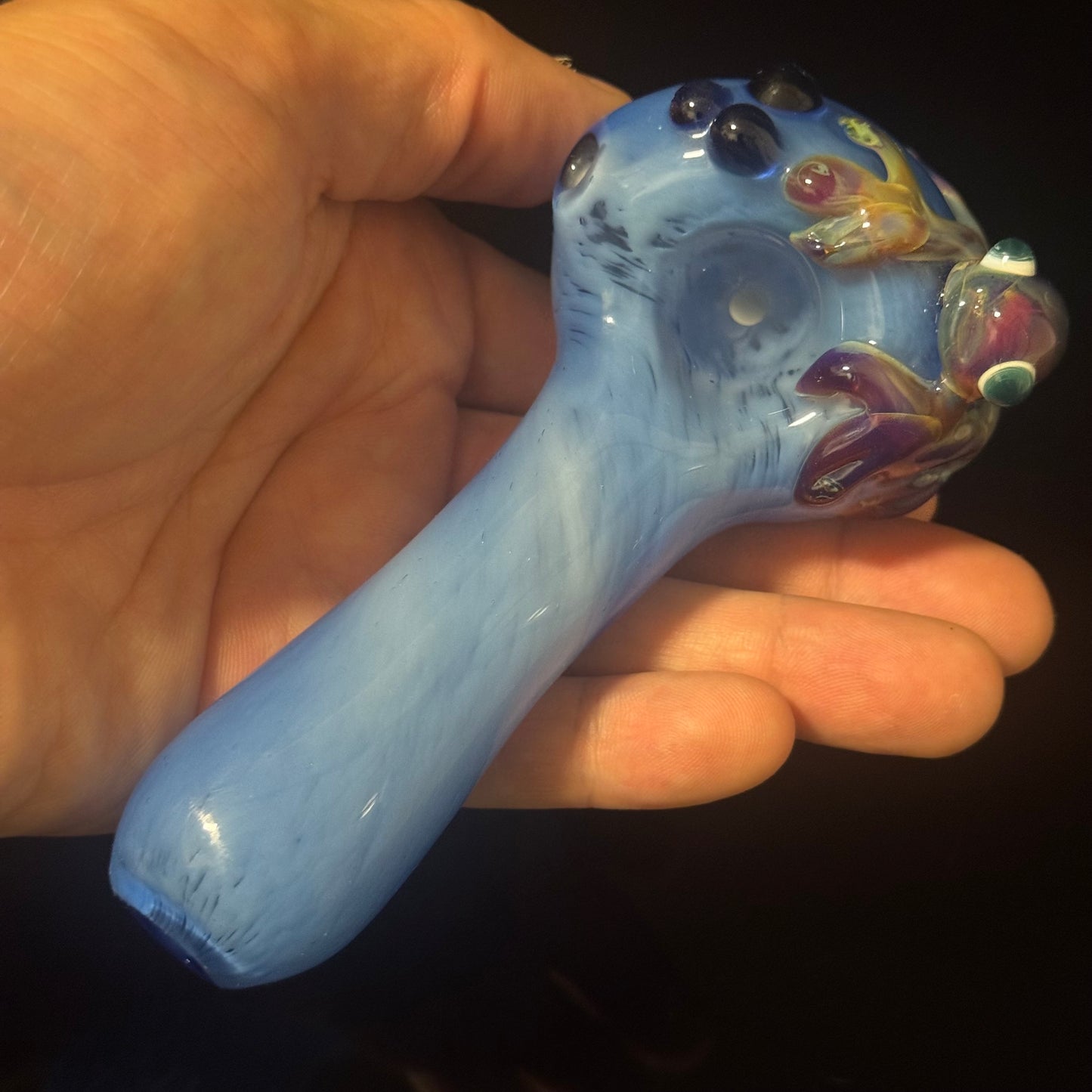 Frog Sculpture on a Multicolor wrapped Glass Pipe, Heady Hand Blown