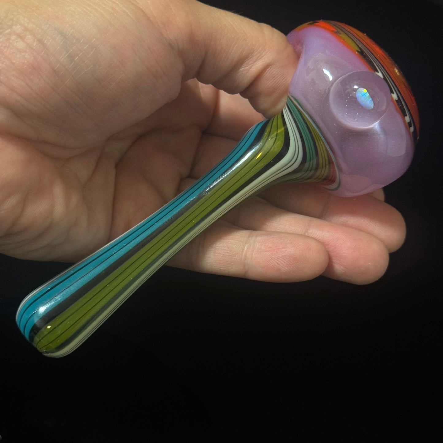 Full Linework Switchback Glass Pipe, Pink Slyme, Heady Hand Blown with An Opal